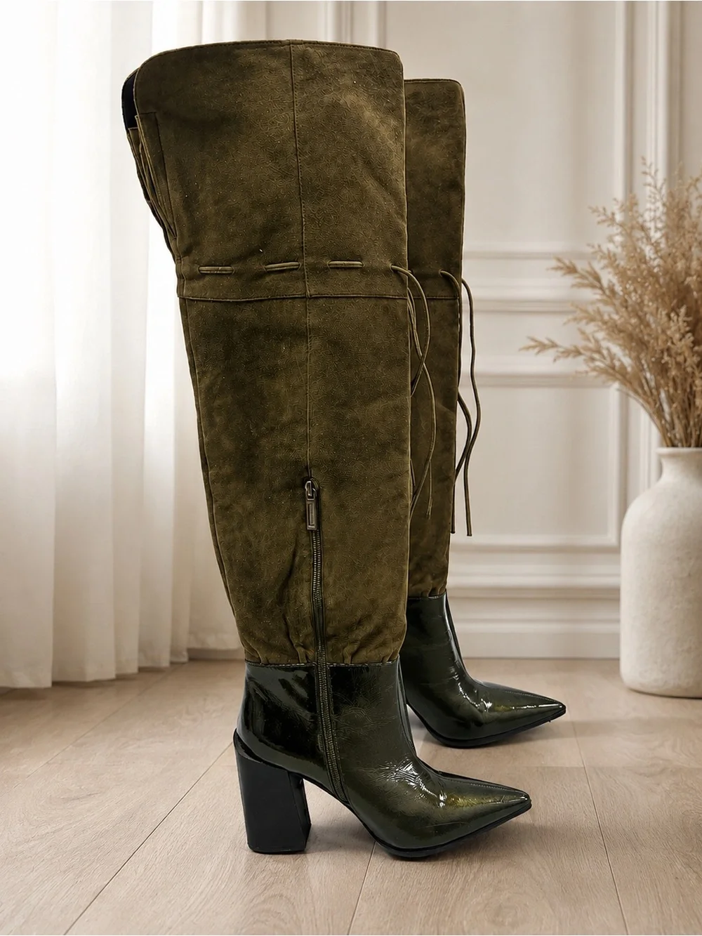 Graciana Women’s Over Knee Boots Olive Suede Patent Leather EU 40 US 9.5